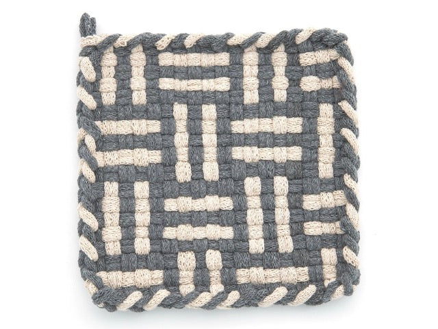 grey and cream handmade 100 percent cotton geometric woven potholder or trivet for a farmhouse kitchen