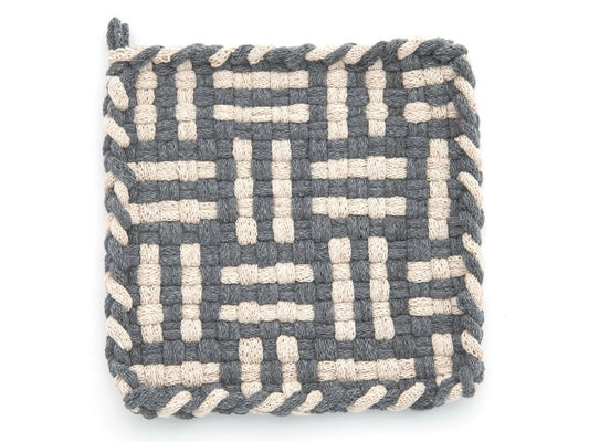 grey and cream handmade 100 percent cotton geometric woven potholder or trivet for a farmhouse kitchen