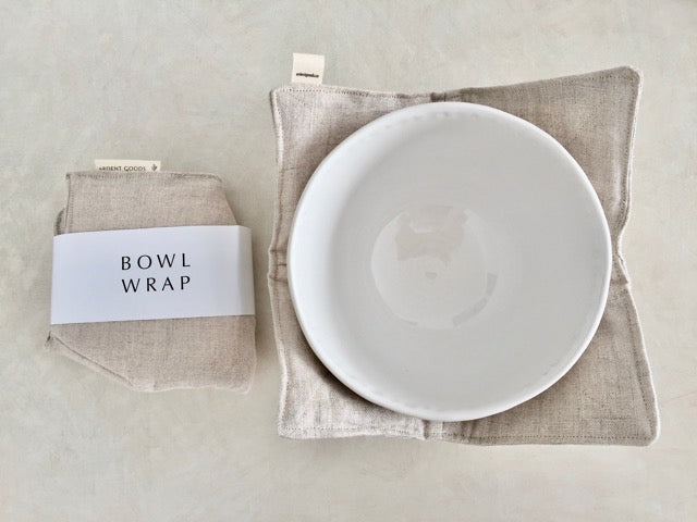 handmade neutral tan linen and cotton bowl wrap for hot soups and cold ice cream