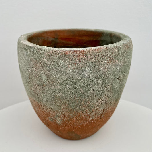 cement and ombre brick red round garden pot indoor planter