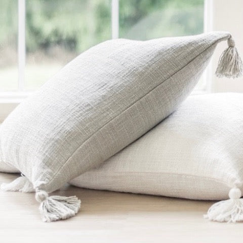 100 percent cotton stone washed neutral hand woven tassel pillow cover