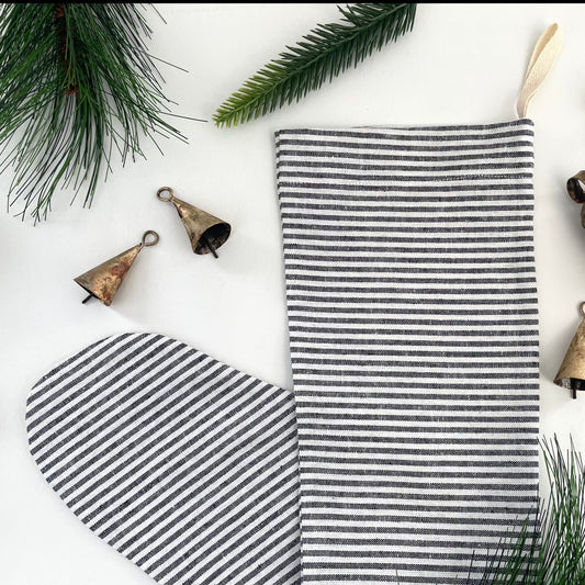 black and white striped linen handmade Christmas stocking