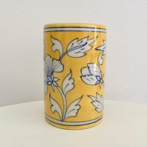 handmade ceramic pottery yellow floral tumbler toothbrush cup sponge holder