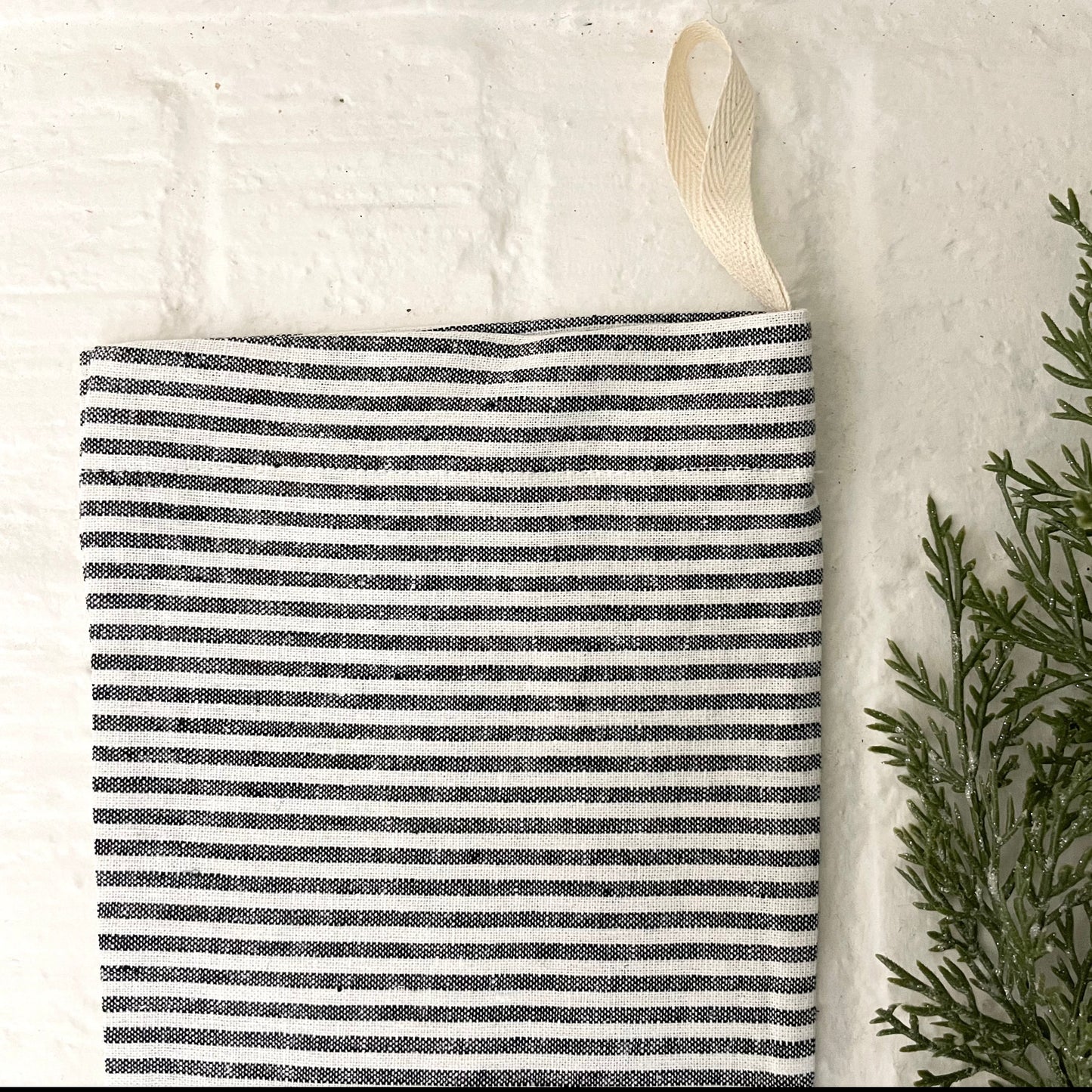 black and white striped linen handmade Christmas stocking