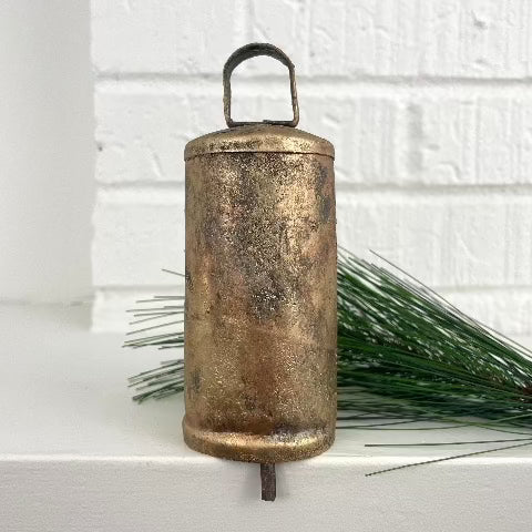 5 1/2" inch rustic flat top tin bell with brass finish and a metal striker for an old world holiday decor
