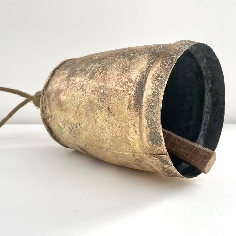 11 inch large rustic brass finished tin cow bell with wood striker and jute hanger