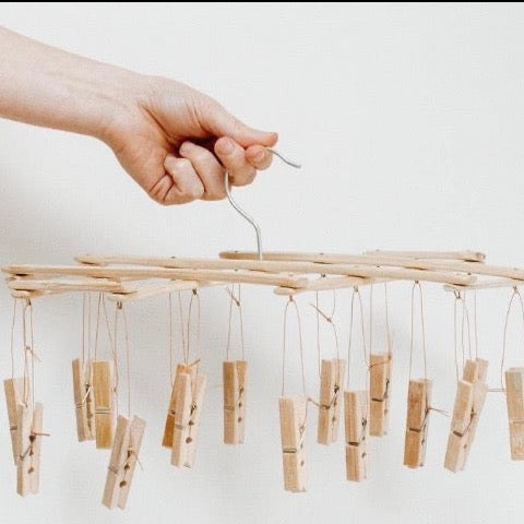 eco bamboo hanging laundry drying rack with clothespins