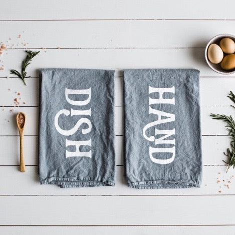 set of 2 grey and white 100 percent cotton hand printed dishtowels for a farmhouse kitchen