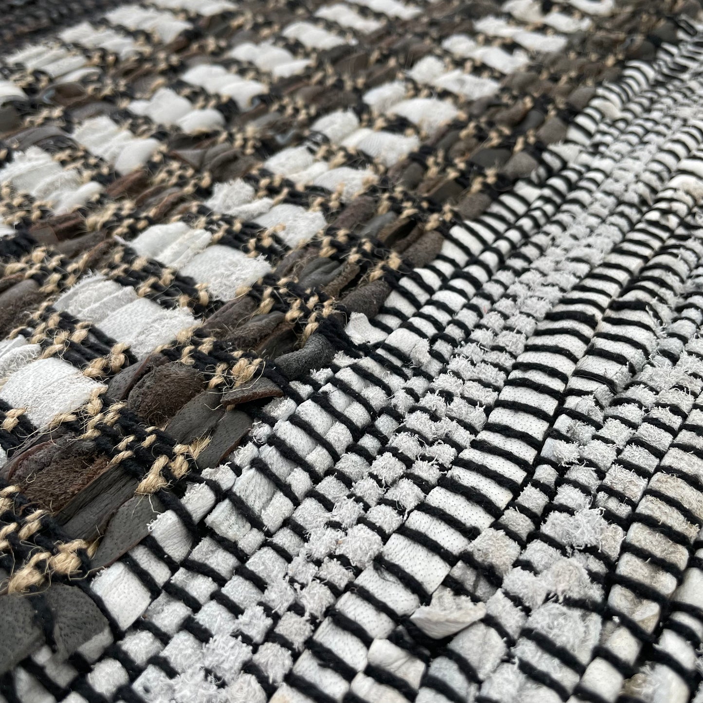 grey brown and black leather and jute striped 2x3 rug