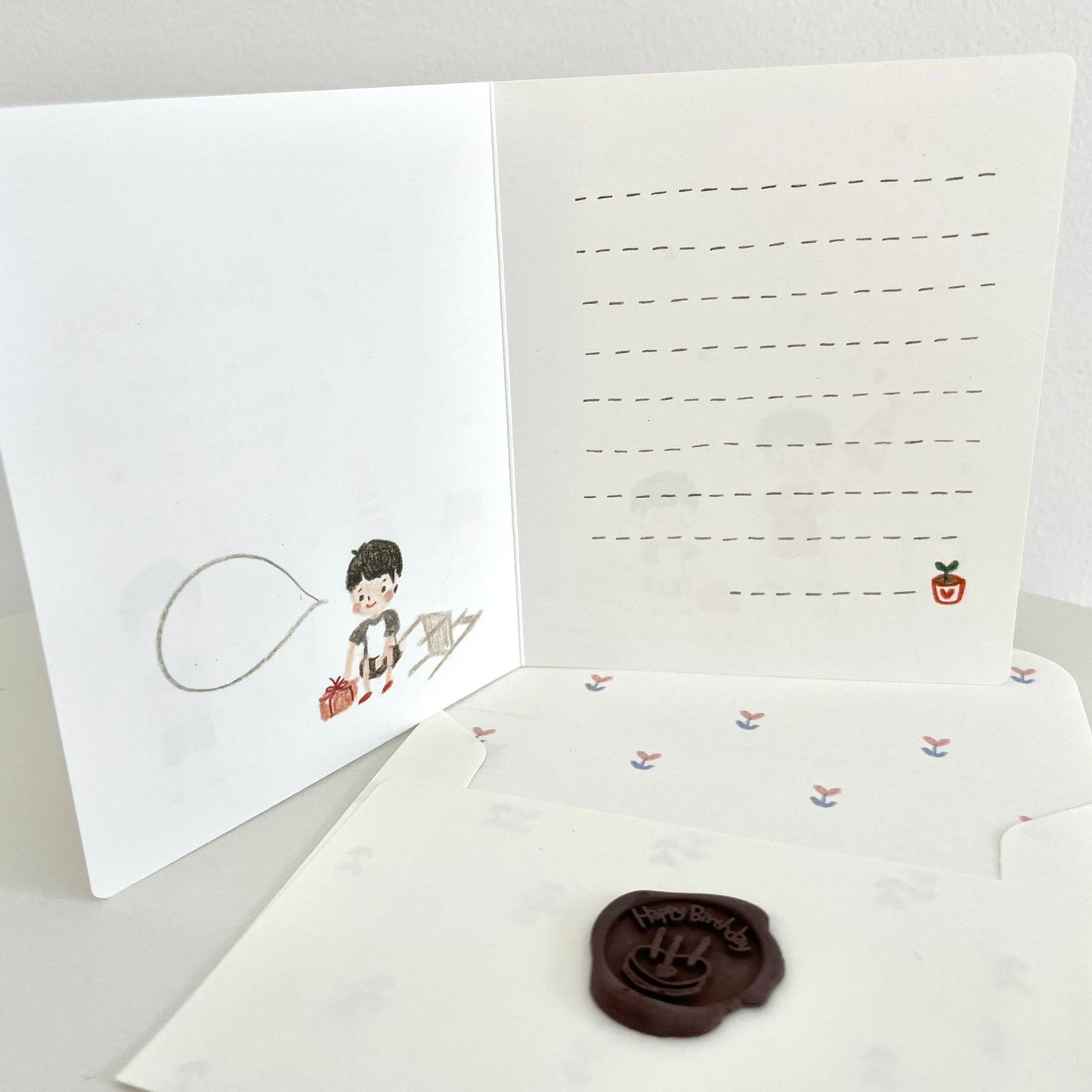 Childs drawing happy birthday mini Japanese card with envelope