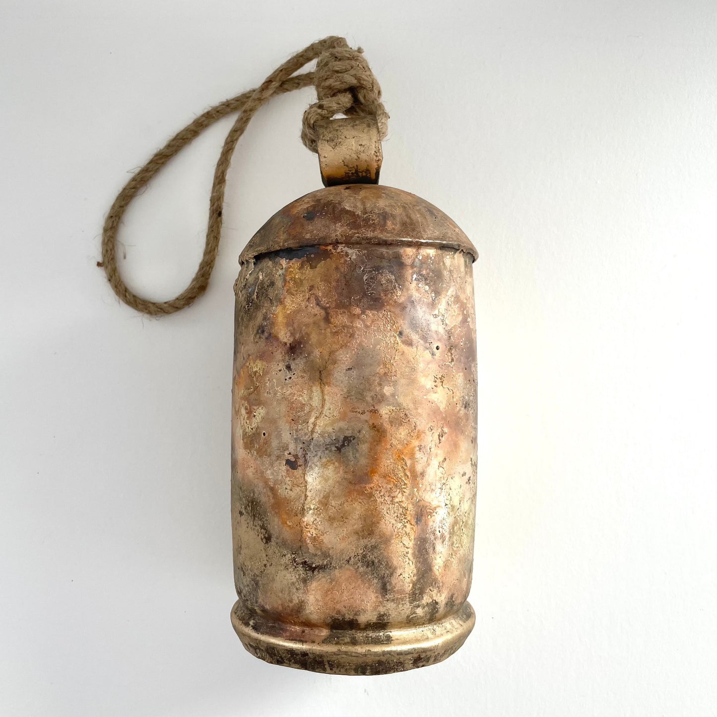 9.5 inch large tin bell with brass finish wood striker jute hanger