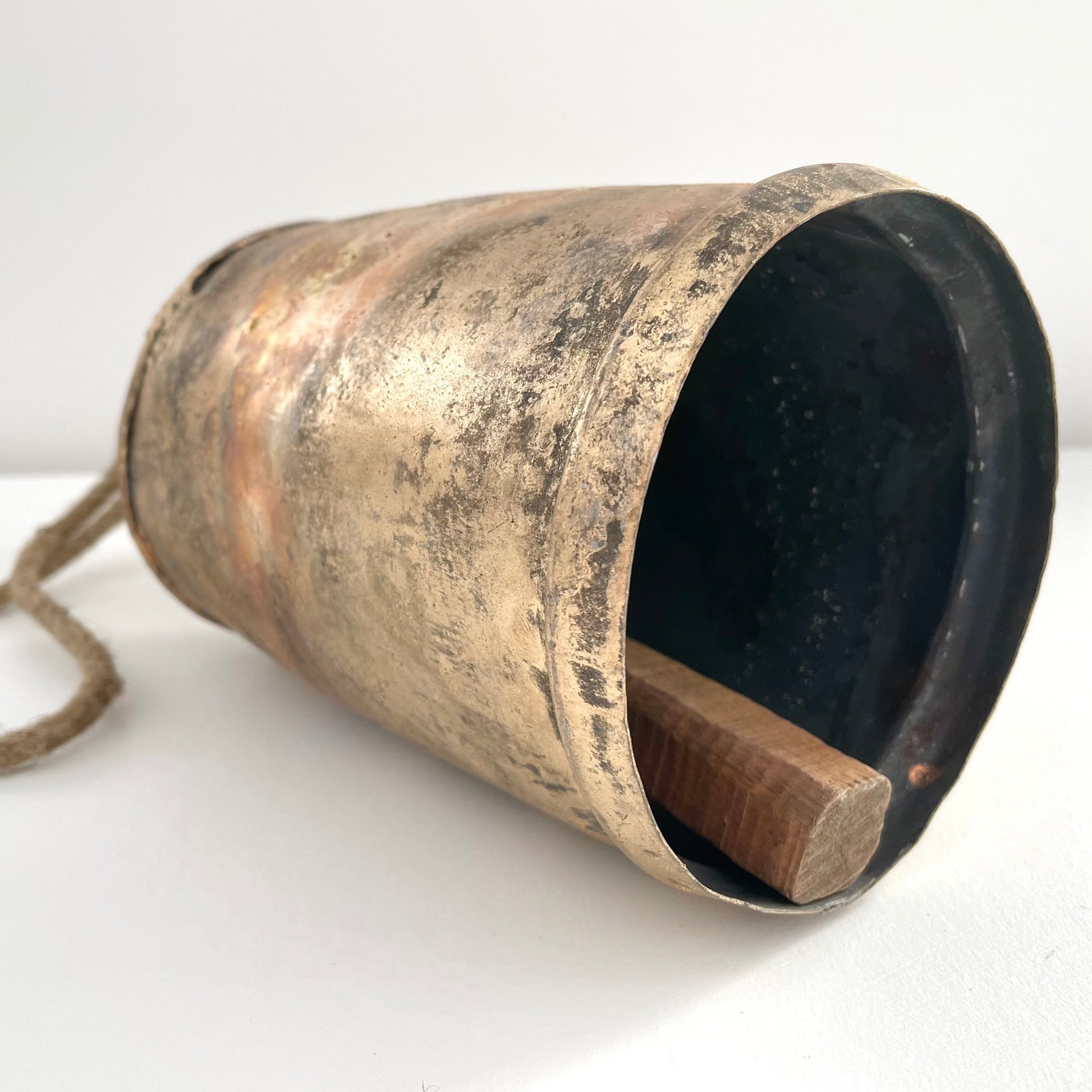 9.5 inch large tin bell with brass finish wood striker jute hanger