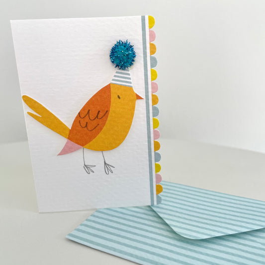 3D mini paper bird gift enclosure card with glitter pompom party hat and striped envelope