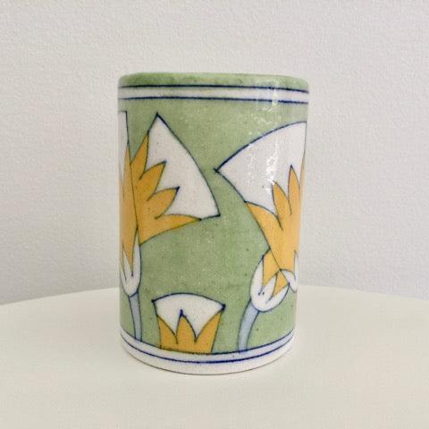 handmade ceramic pottery modern green floral tumbler toothbrush cup sponge holder