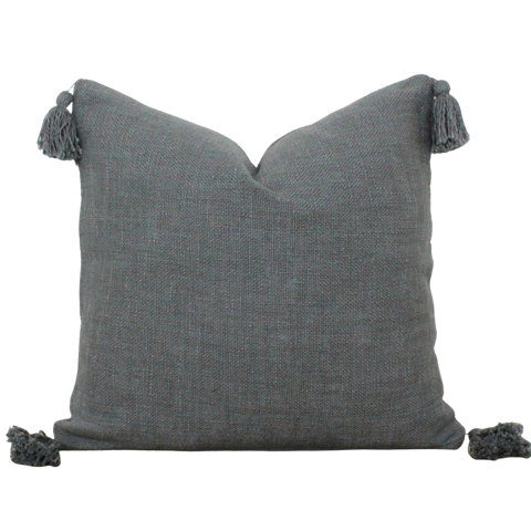100 percent cotton stone washed neutral grey steel hand woven tassel pillow cover