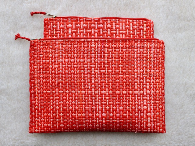 set of 3 hot pink textured raffia woven bohemian zippered pouches