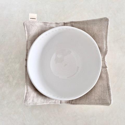 handmade neutral tan linen and cotton bowl wrap for hot soups and cold ice cream