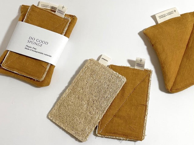 Ardent Goods handmade loofah and linen eco sustainable sponge set in mustard yellow