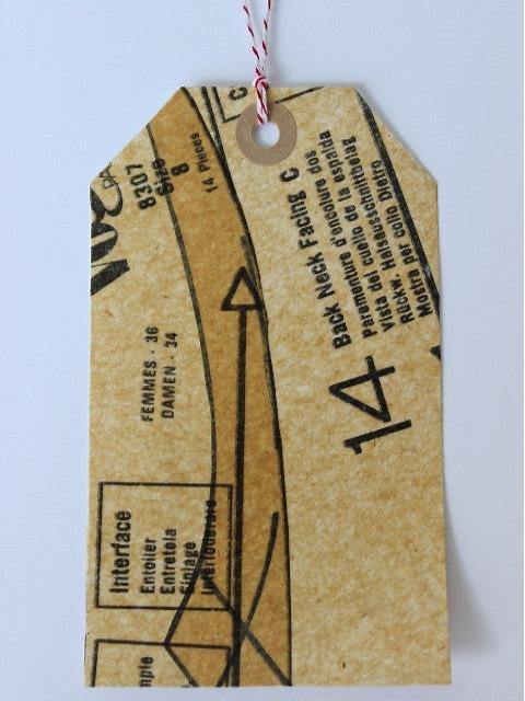 fashion pattern collaged gift tags with striped bakers twine
