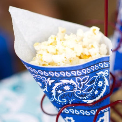 blue paper party popcorn cones in a bandana print