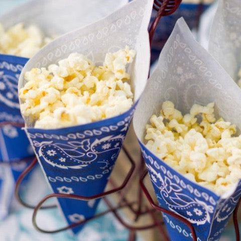 blue paper party popcorn cones in a bandana print