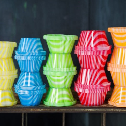 clear striped red, orange, yellow, green, and blue plastic ice cream cups party supplies