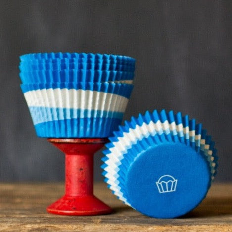 blue, light blue, and white paper cupcake liners for circus party supplies