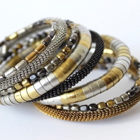 mixed metallic beaded coil wrap bracelet