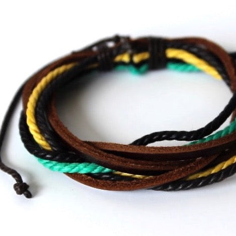 colorful rope and brown leather layered wrap bracelets