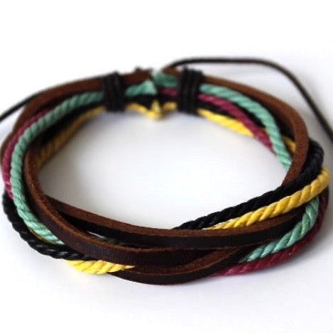 colorful rope and brown leather layered wrap bracelets