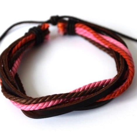 colorful rope and brown leather layered wrap bracelets