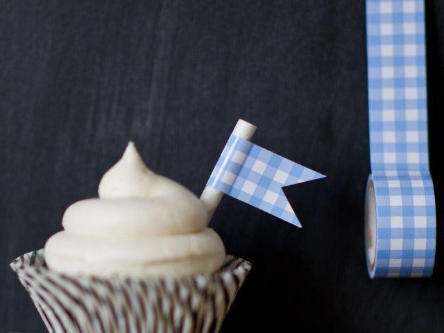 light blue and white Tapestastic patterned gingham tape roll