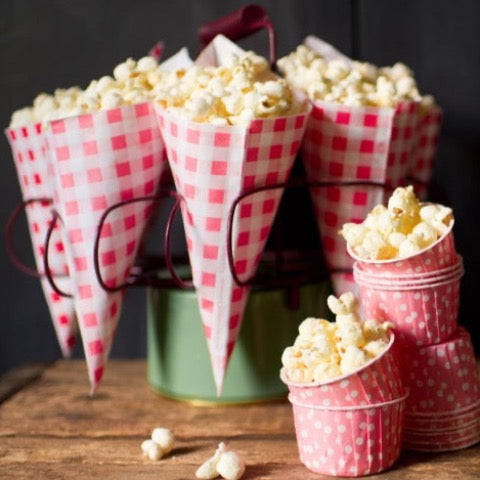 gingham paper party popcorn cones available in pink and red and white