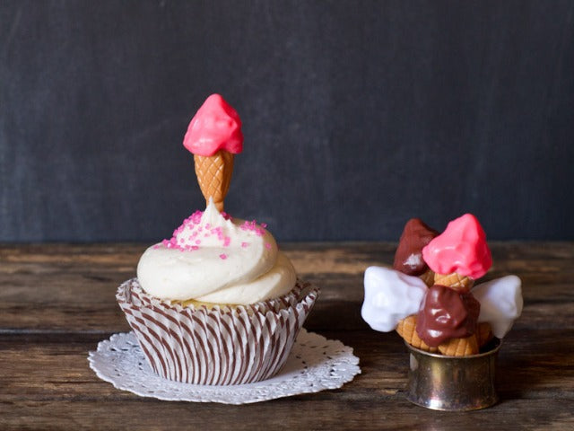 strawberry, vanilla, and chocolate plastic ice cream cone cupcake toppers party supplies