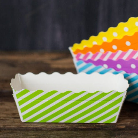 small disposable striped green patterned paper disposable loaf baking pans