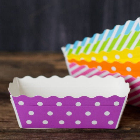 small disposable polka dot purple patterned paper disposable loaf baking pans