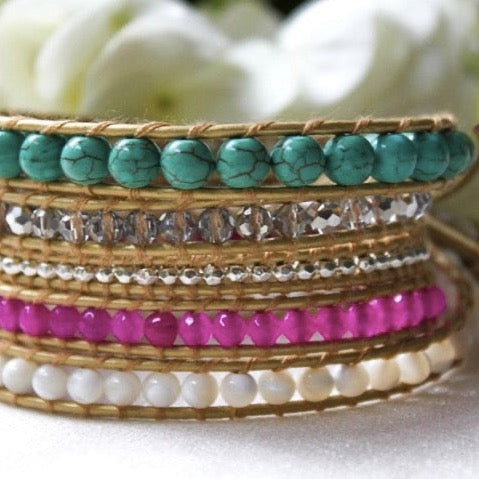 turquoise, pink, white, and silver beaded 5 wrap bracelet