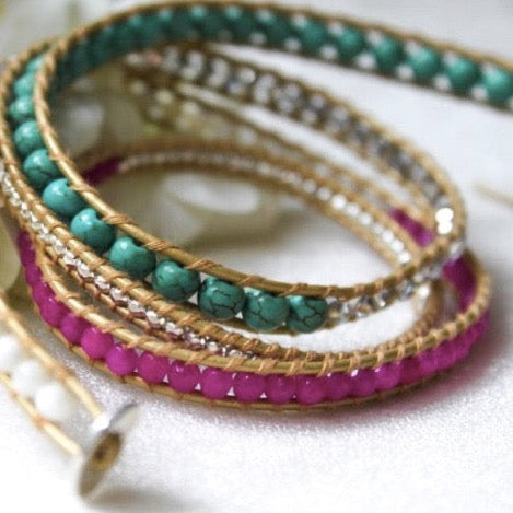 turquoise, pink, white, and silver beaded 5 wrap bracelet