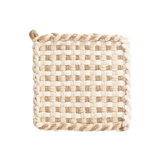 tan and cream handmade 100 percent cotton gingham woven potholder or trivet for a farmhouse kitchen