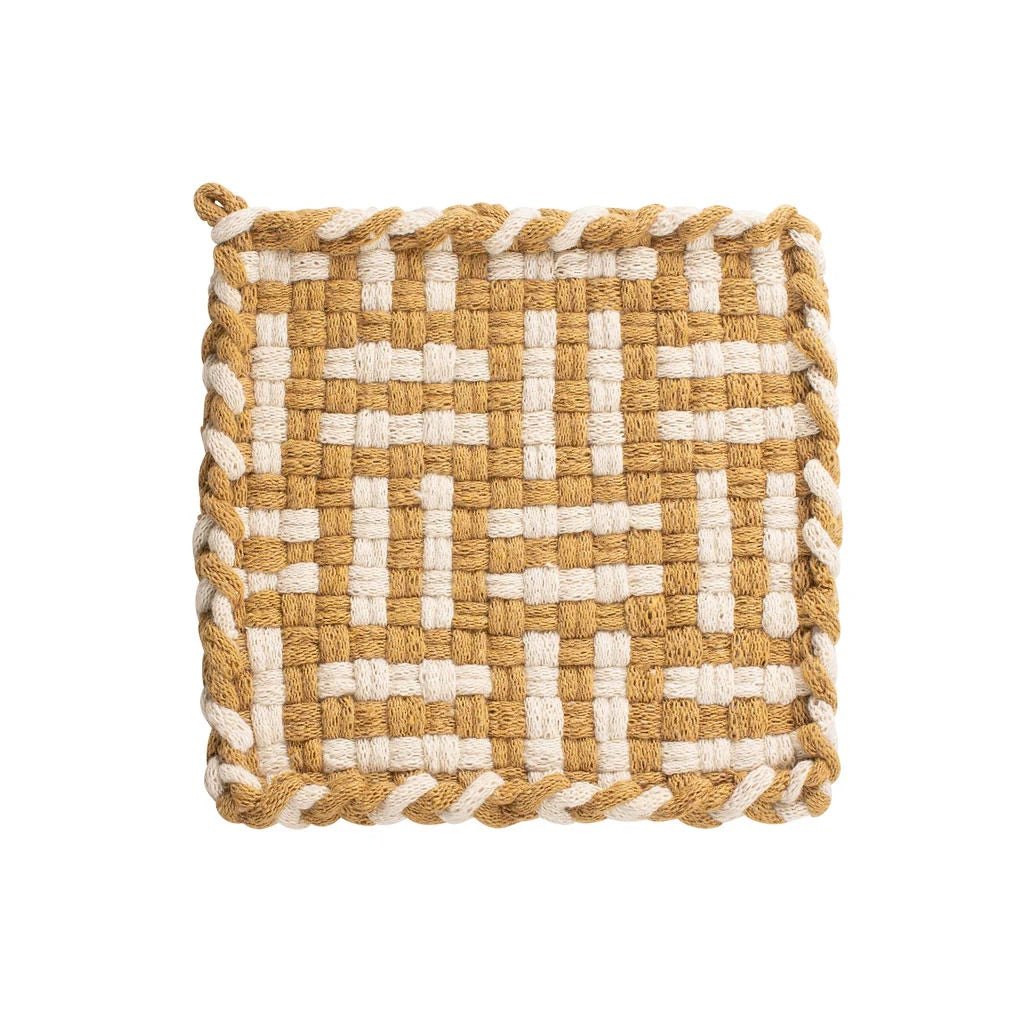 mustard and cream handmade 100 percent cotton geometric woven potholder or trivet for a farmhouse kitchen