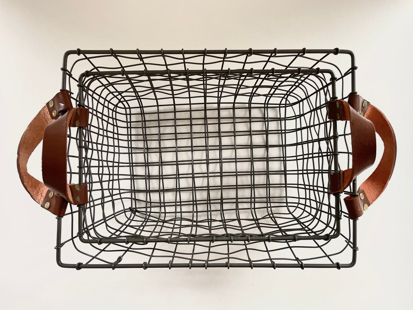 woven rectangular iron fruit basket with leather handles