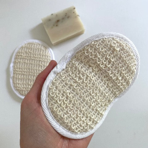 white and cream ramie and terry cloth oval bath exfoliating sponge 