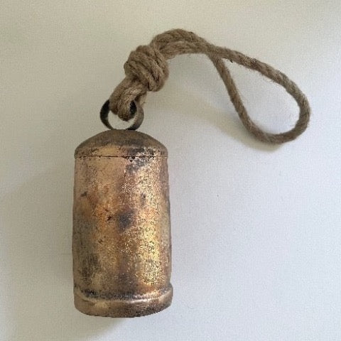 5 inch tin bell with brass finish wood striker and jute hanger