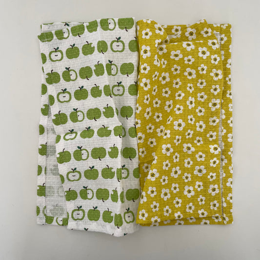 green apple and yellow flower 100% cotton 12" square set of 2 dishcloths made in India 