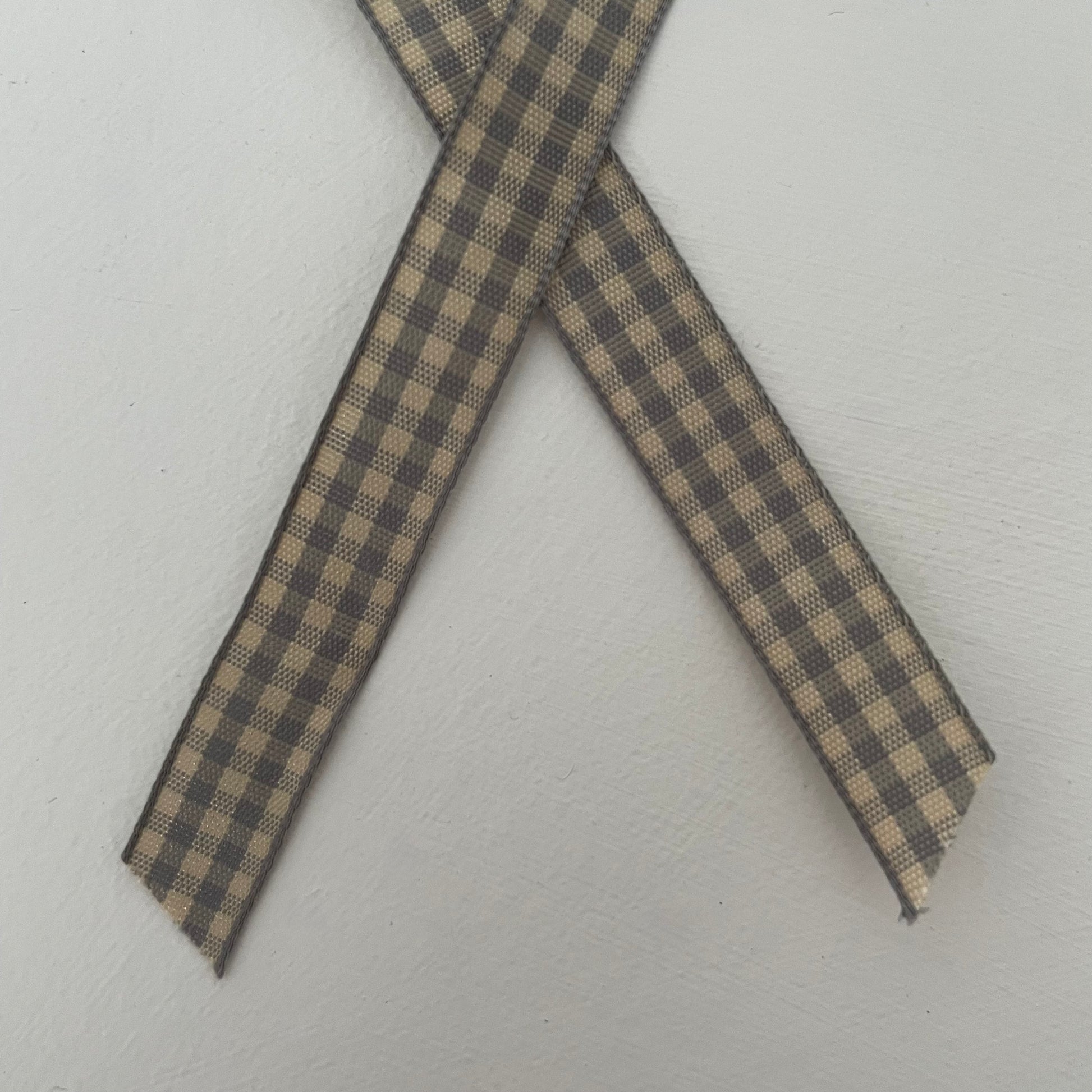 grey and tan check gingham taffeta ribbon handmade in Japan 