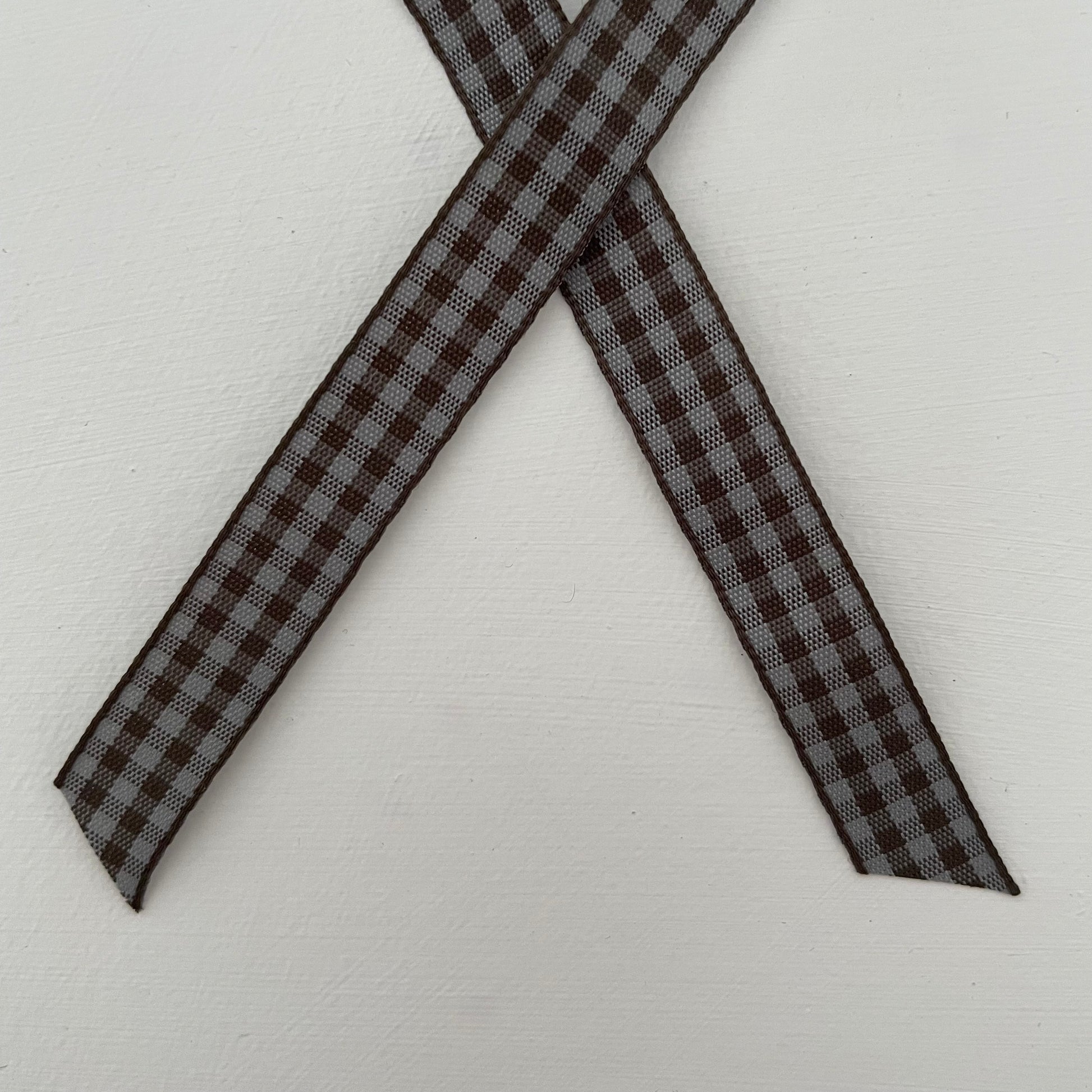 grey and brown check gingham taffeta ribbon handmade in Japan 