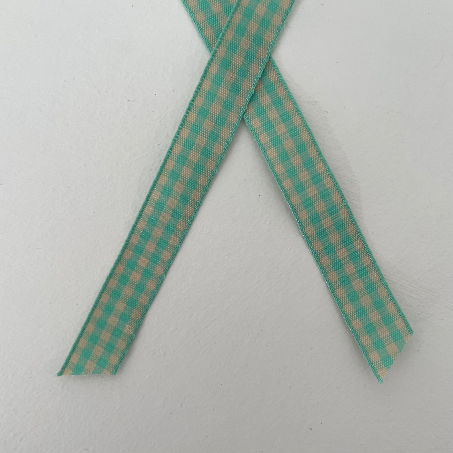 mint green and tan check gingham taffeta ribbon handmade in Japan 