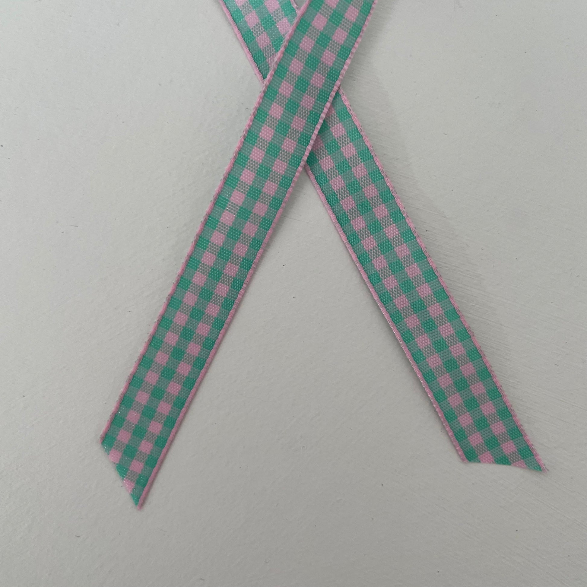 mint green and light pink check gingham taffeta ribbon handmade in Japan 