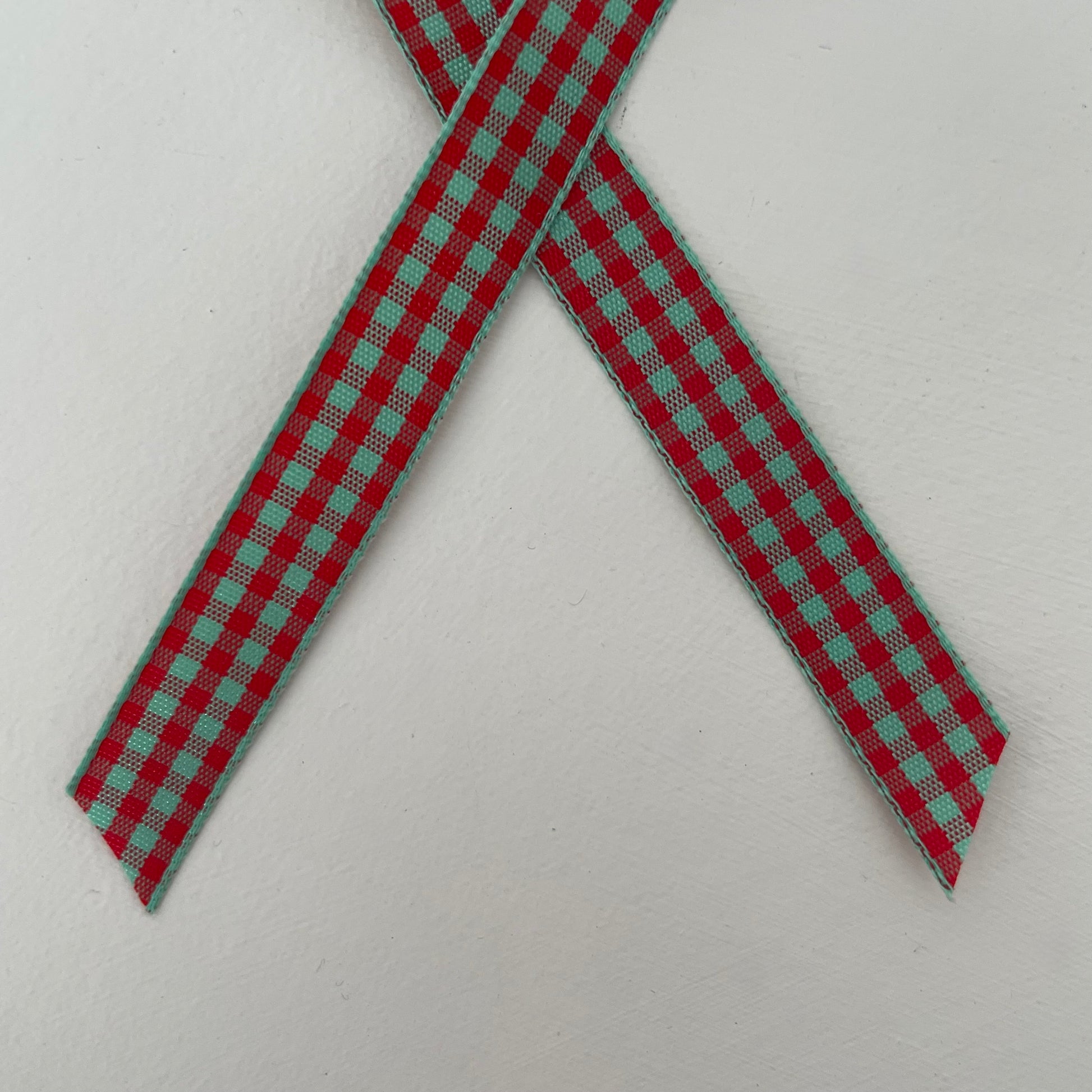 mint green and red check gingham taffeta ribbon handmade in Japan 