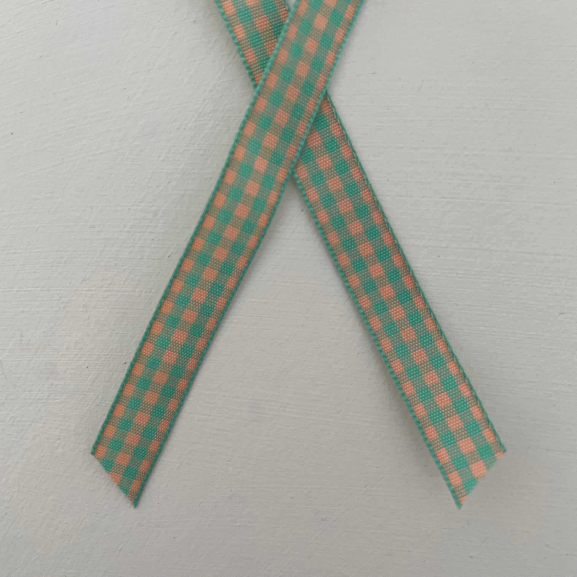 mint green and orange check gingham taffeta ribbon handmade in Japan 